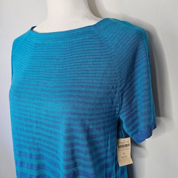 NEW! Coldwater Creek Size XL 16 Silk Cotton Blue Stripe Short Sleeve Knit Top - Picture 2 of 10